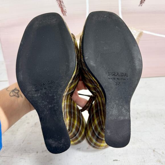 Prada Plaid Ankle Strap Wedge Sandals With Lizard Trim Yellow/Tan Women's 37/6.5 - Picture 8 of 8